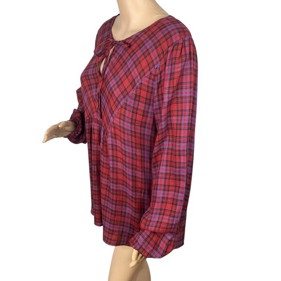 Three Dots NWT Mason Brick Red Black Plaid Babydoll Blouse Top SZ L - Picture 5 of 10